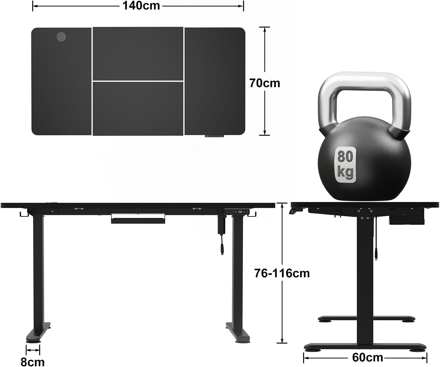 Electric Standing Desk Height Adjustable Standing Desk 140X70Cm with Wood Desktop Thickness 1.8Cm Sit Stand Desk Stand up Desk Heavy Duty Steel 4-Memory Smart Pannel(Frame+Black Desktop)