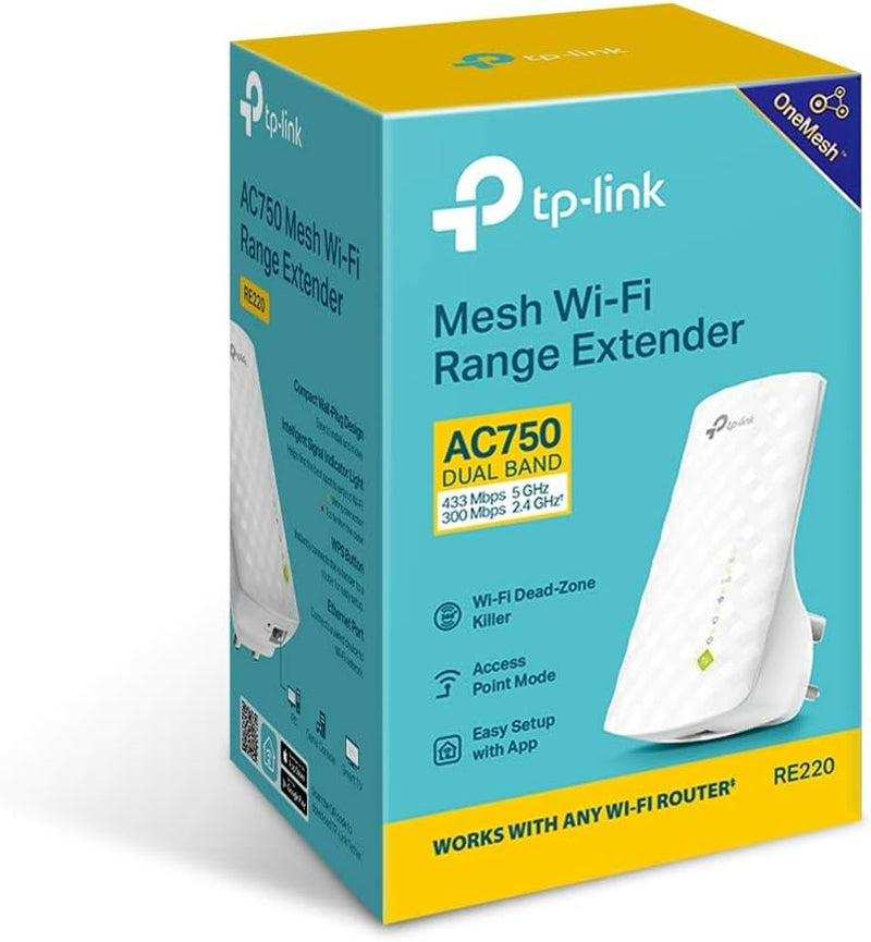 "Boost Your Wi-Fi Signal with AC750 Dual Band Range Extender - Easy Setup, Strong Signal, Ethernet Port, Smart Indicator - UK Plug (RE220)"