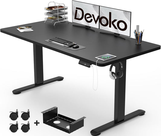 Electric Standing Desk Height Adjustable Standing Desk 140X70Cm with Wood Desktop Thickness 1.8Cm Sit Stand Desk Stand up Desk Heavy Duty Steel 4-Memory Smart Pannel(Frame+Black Desktop)