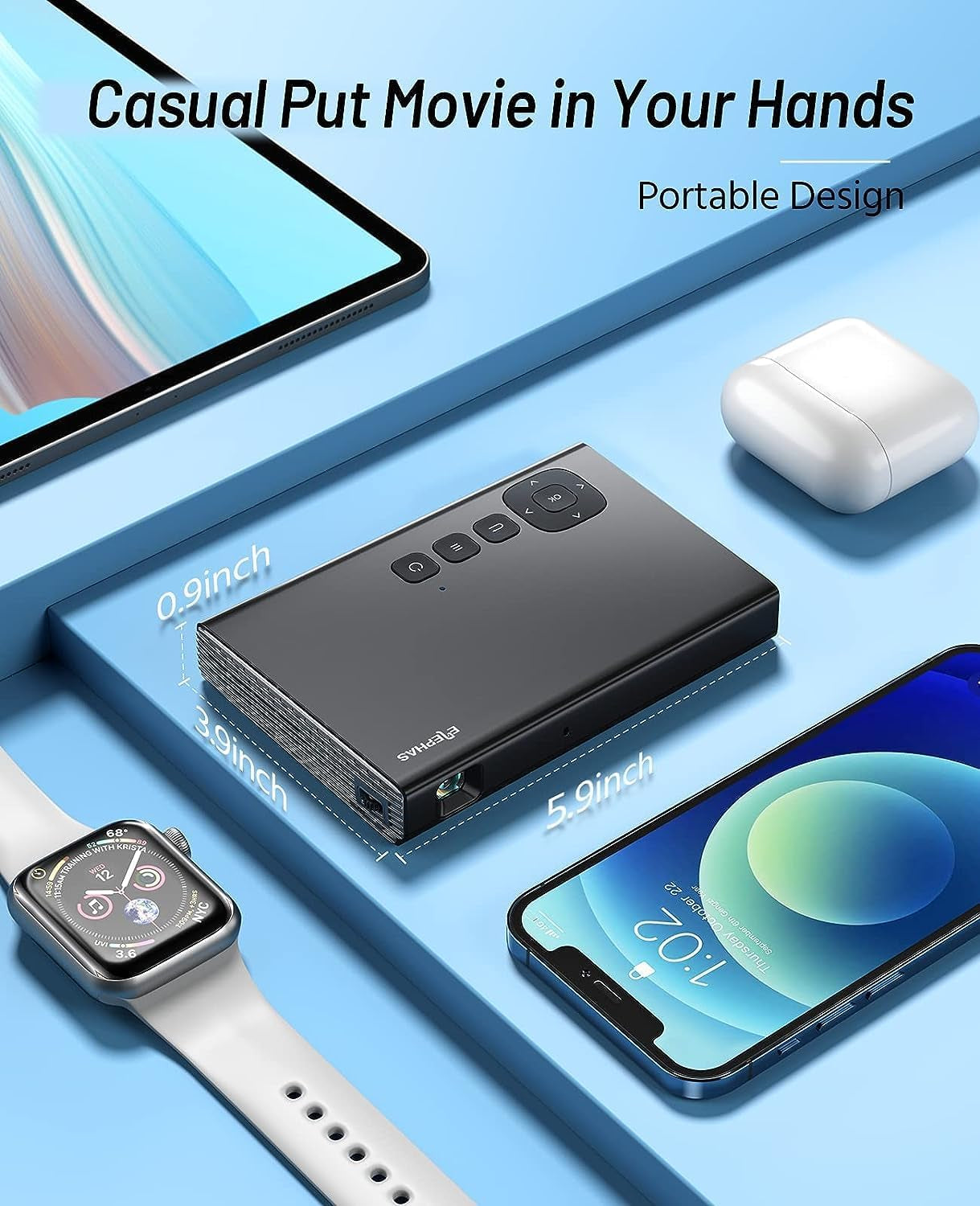Projector,  Mini Projector Supported 5G Wifi with Bluetooth, 500 ANSI DLP Portable Projector, Rechargeable Phone Projector for Travel Compatible with Ios, Android, TV Stick