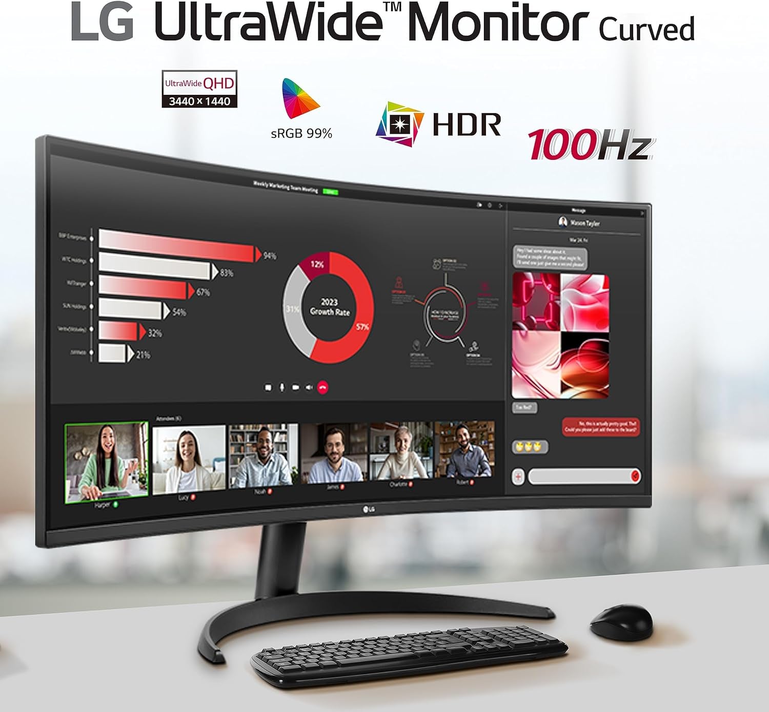 Ultrawide Curved Monitor 34WR50QC, 34 Inch, 1440P, 100Hz, 5Ms Gtg, VA Display, HDR 10, AMD Freesync Compatible, Smart Energy Saving, Displayport, HDMI